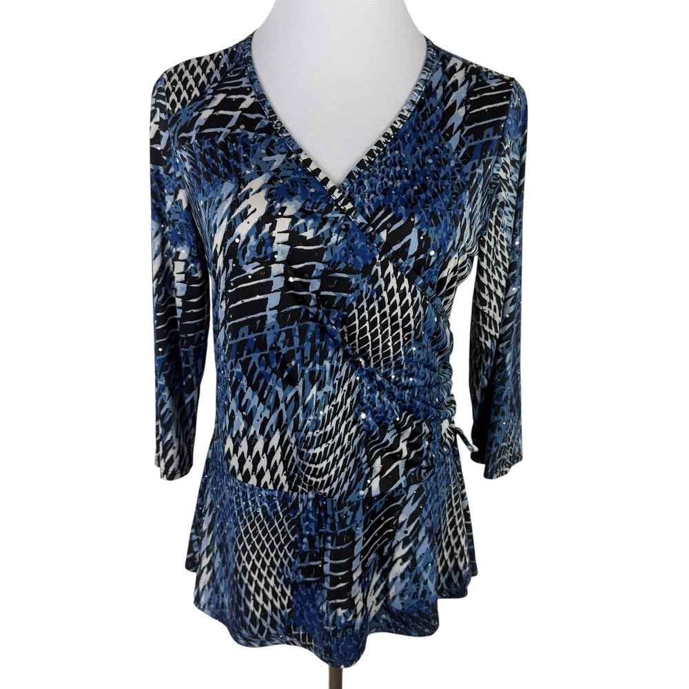 Roz & Ali Petite Women's XL Blue Snakeskin Sequin Ruching Wrap Top V-Neck Peplum